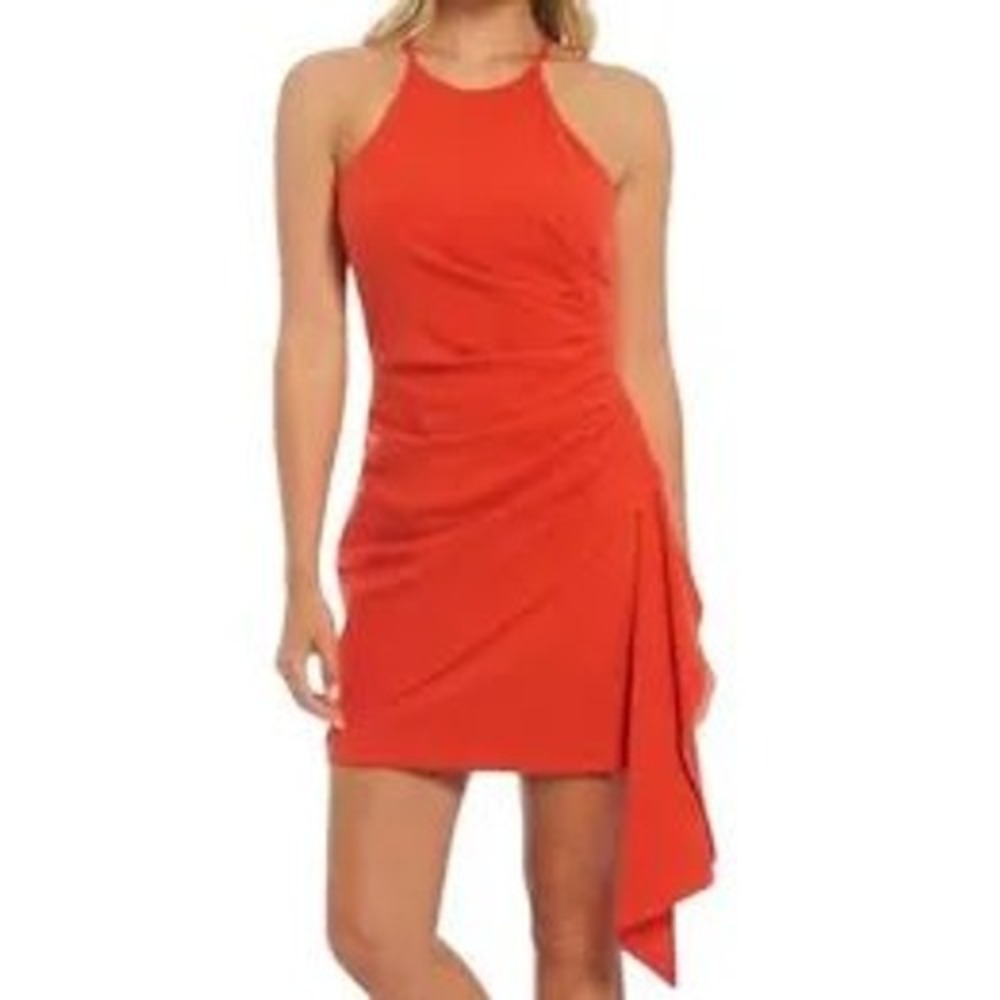 Belle Badgley Mischka Cocktail Dress Womens 0 Orange Red Excellent Ruched Halter